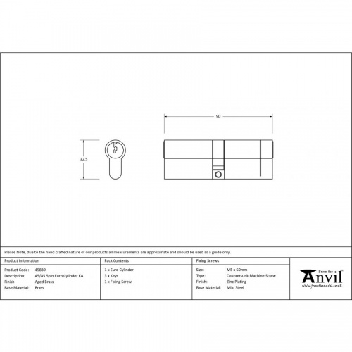 Aged Brass 45/45 5pin Euro Cylinder KA